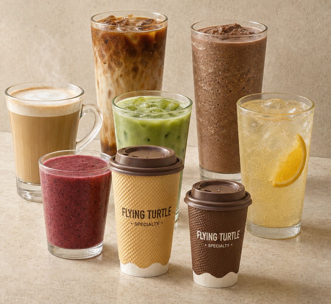 A cappuccino, iced latte, matcha, berry smoothie, chocolate frappé and citrus soda beside Flying Turtle cups