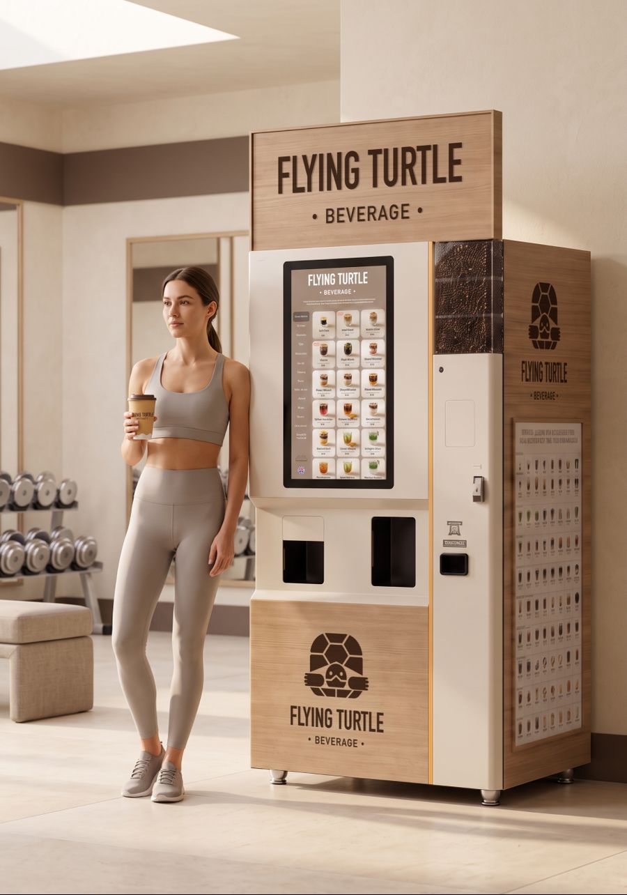 A gym member with a coffee next to a Flying Turtle machine